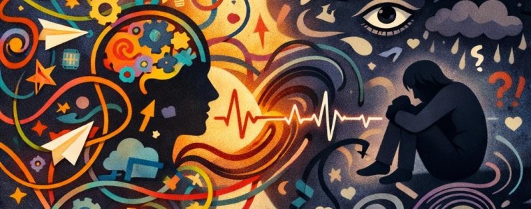 Colorful chaotic mind with ADHD text and dark anxious figure with Anxiety text