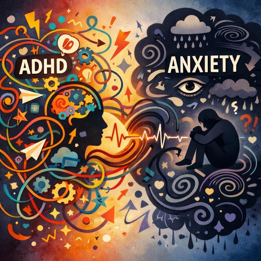 Colorful chaotic mind with ADHD text and dark anxious figure with Anxiety text