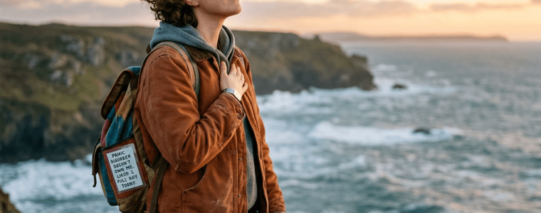 A woman standing on a rocky cliff by the ocean with eyes closed, holding a journal