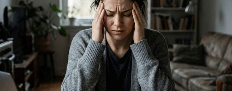 Woman sitting at table with laptop, bills, and coffee, holding her head in stress
