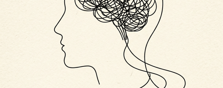 Outline of a human head with a tangled brain connected to icons of a book, light bulb, compass, and target