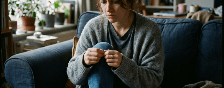 Young woman sitting on couch looking sad and thoughtful with a cup of tea and tissues nearby
