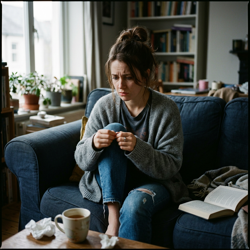 Young woman sitting on couch looking sad and thoughtful with a cup of tea and tissues nearby