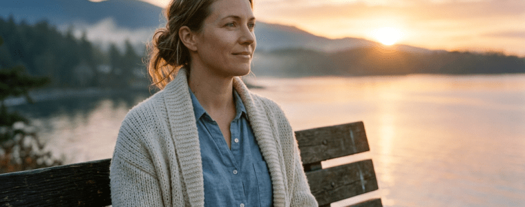Woman sitting on a bench by a lake holding a coffee mug at sunrise