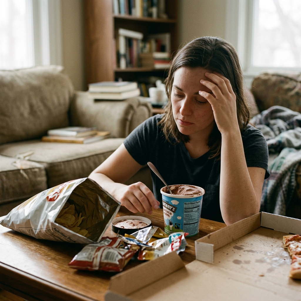 Woman sitting at a table with half-eaten pizza, chips, and a tub of ice cream, looking stressed