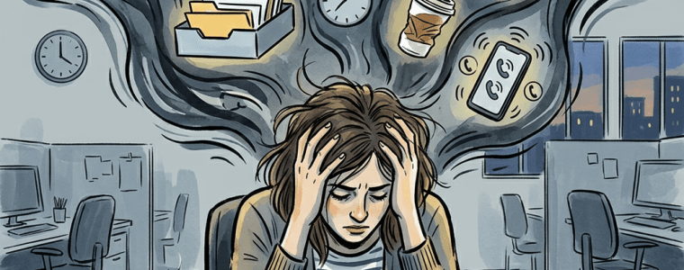 Stressed woman holding her head amid work clutter and distractions