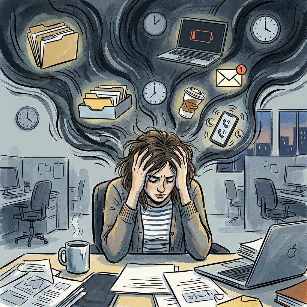 Stressed woman holding her head amid work clutter and distractions