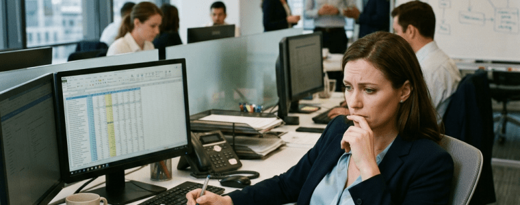 Woman in office reviewing documents with computer screens displaying spreadsheets
