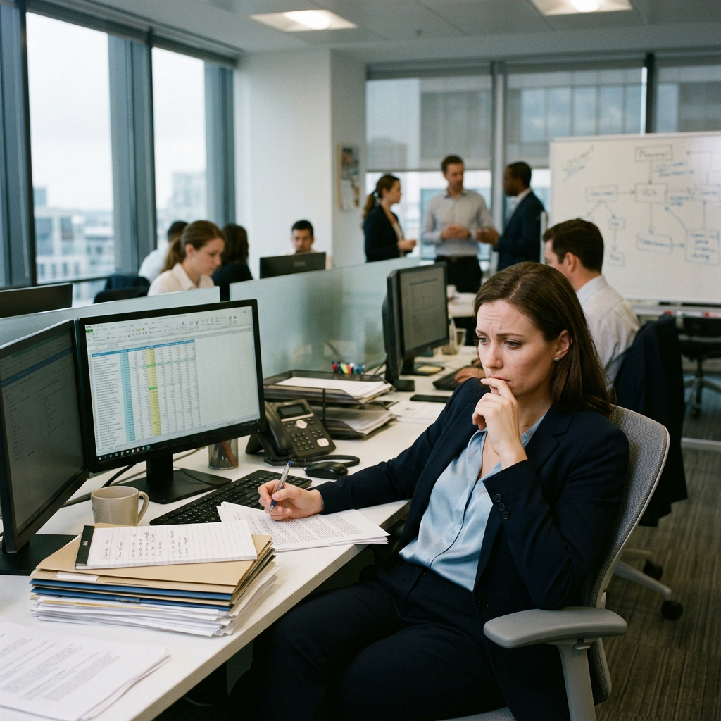 Woman in office reviewing documents with computer screens displaying spreadsheets