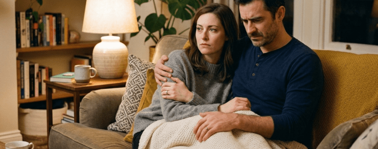 Couple sitting close on sofa wrapped in blanket in cozy living room