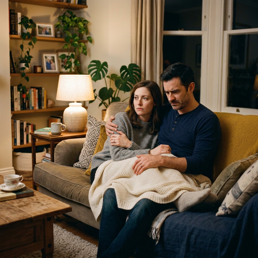 Couple sitting close on sofa wrapped in blanket in cozy living room