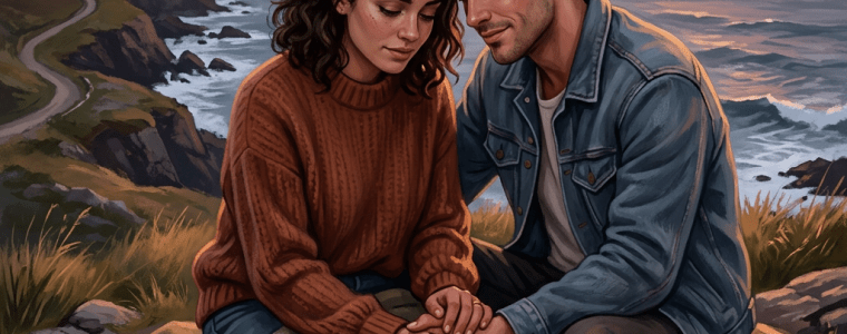 Couple holding hands sitting on a blanket near ocean cliffs at sunset
