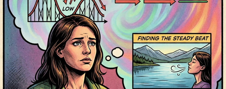 Woman thinking about mood swings, medication stabilizer, and steady breathing by nature