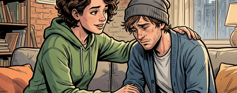 A woman comforting a sad man on a couch, saying 'I'm here, you're not alone. Let's just talk it through.'