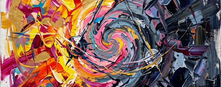 Abstract painting with fiery explosion on the left blending into a dark swirling vortex on the right