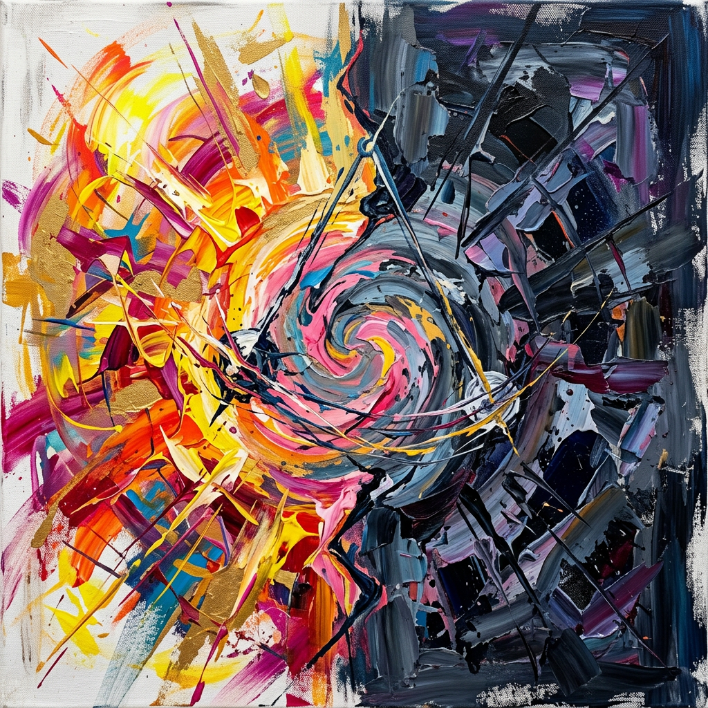 Abstract painting with fiery explosion on the left blending into a dark swirling vortex on the right