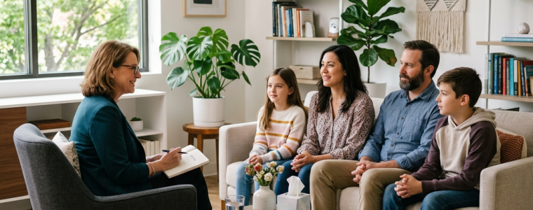 Family of four sitting on a couch talking to a therapist in an office