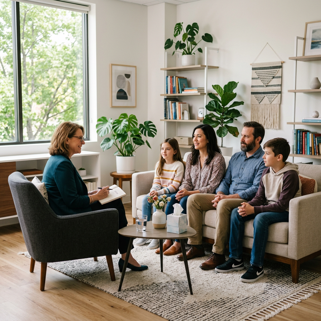 Family of four sitting on a couch talking to a therapist in an office