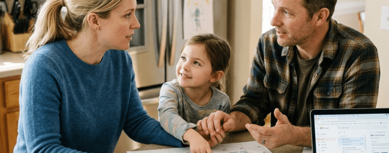 Parents and child reviewing a calendar together at kitchen counter