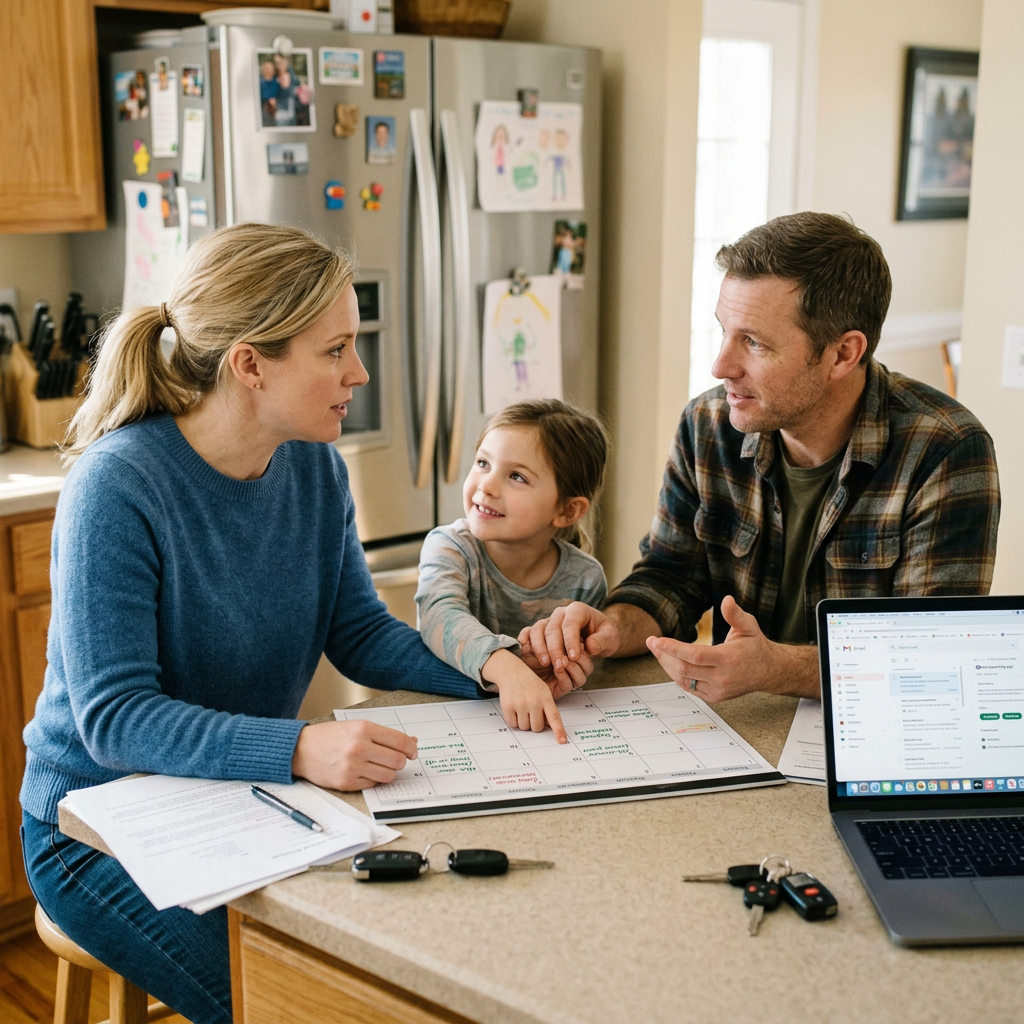 Parents and child reviewing a calendar together at kitchen counter