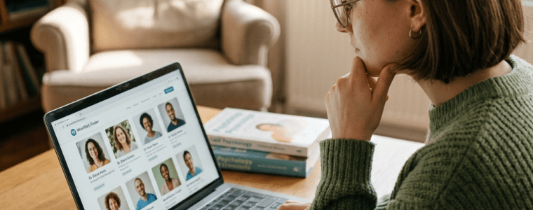Woman looking at medical professional profiles on laptop screen