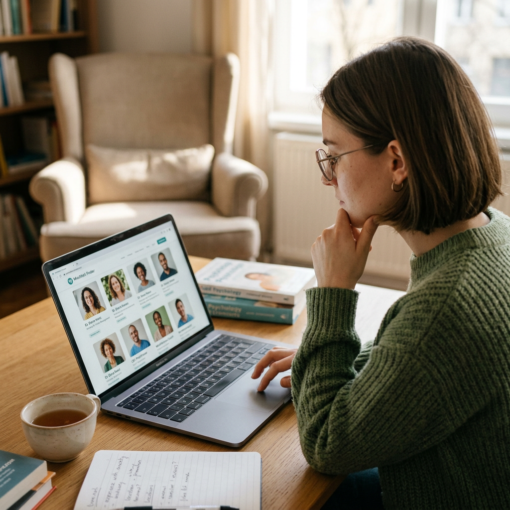 Woman looking at medical professional profiles on laptop screen