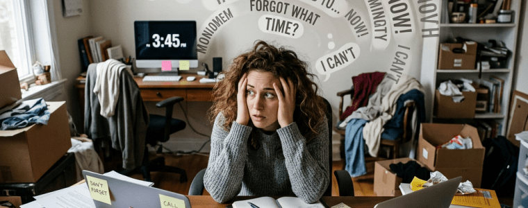 Woman sitting at a cluttered desk holding her head surrounded by reminders and thoughts