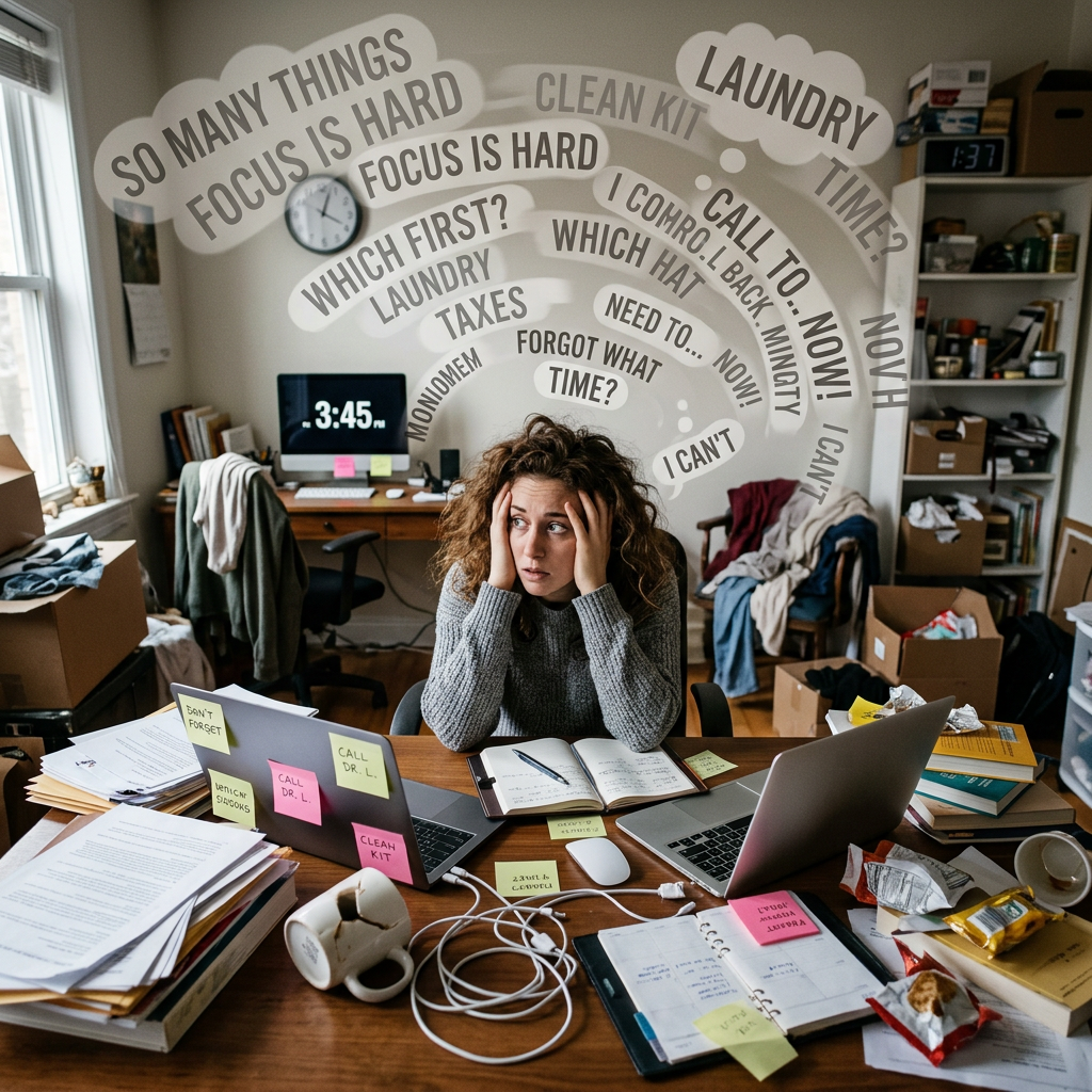 Woman sitting at a cluttered desk holding her head surrounded by reminders and thoughts