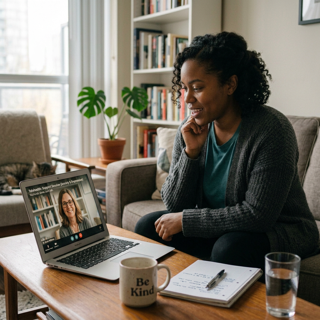 Woman seated on sofa working on laptop with notebook, coffee mug, and glass of water on table