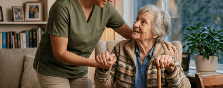 Caregiver supporting an older woman with a cane at home
