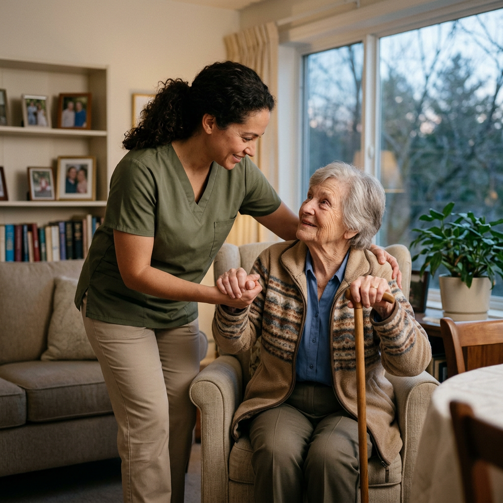 Caregiver supporting an older woman with a cane at home
