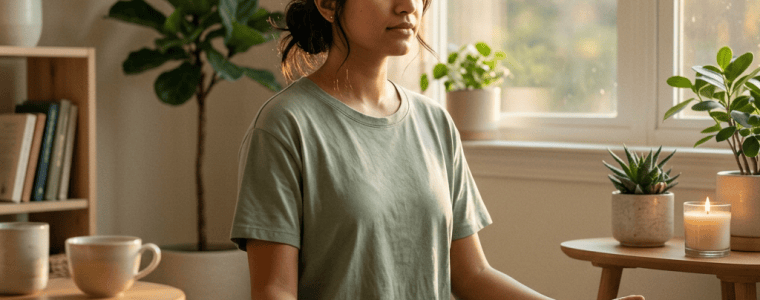 Woman meditating cross-legged on a cushion in a sunlit room