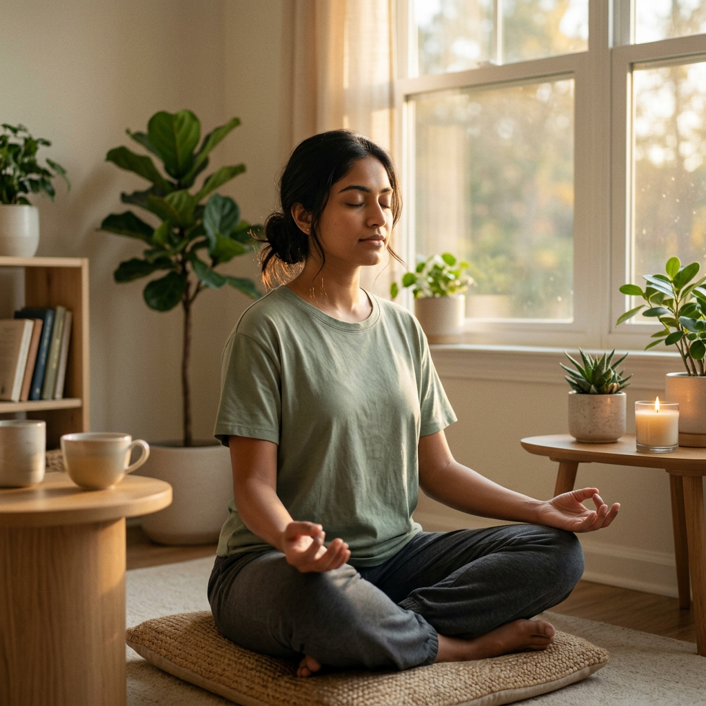 Woman meditating cross-legged on a cushion in a sunlit room