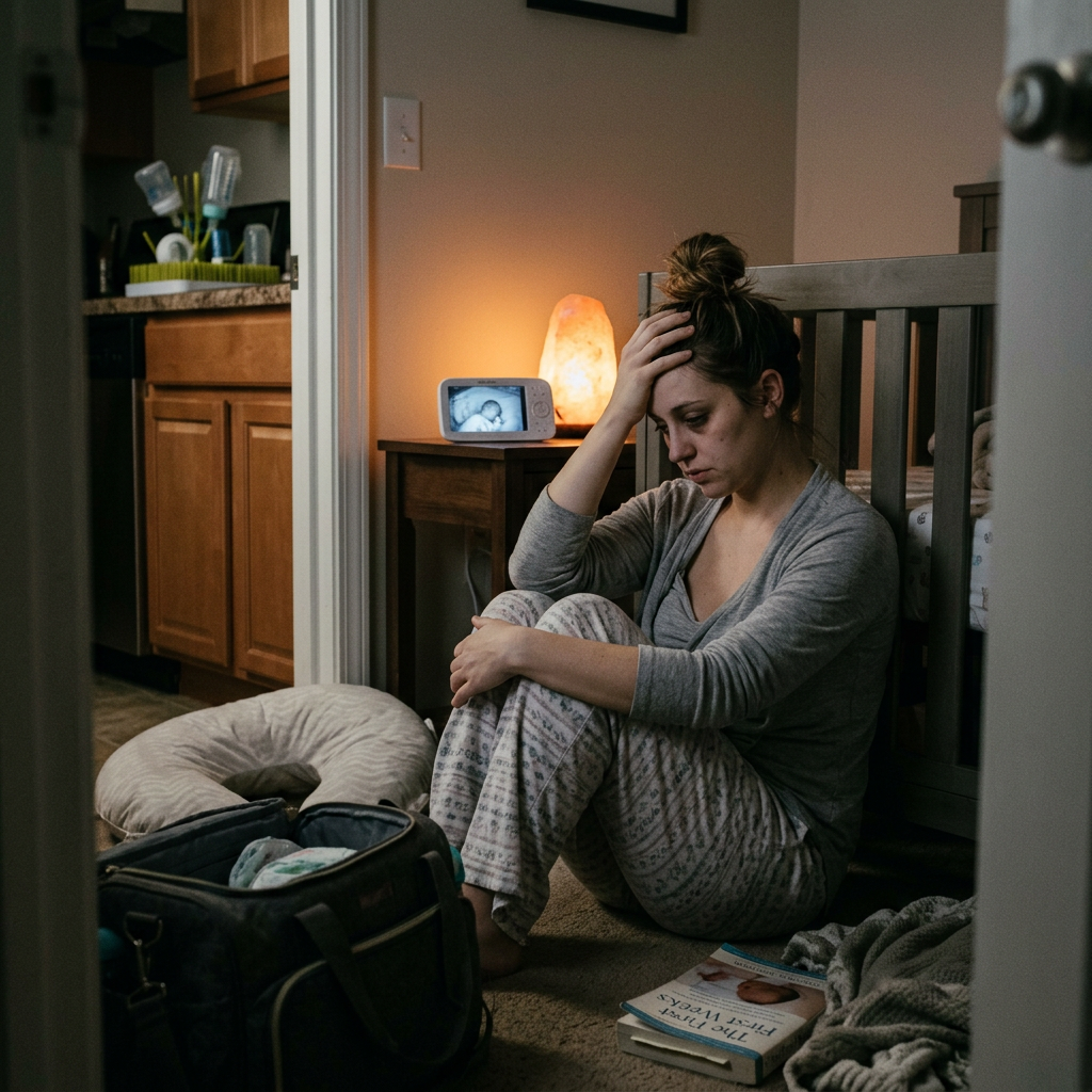 Pregnant woman sitting beside packed baby bag and crib monitor