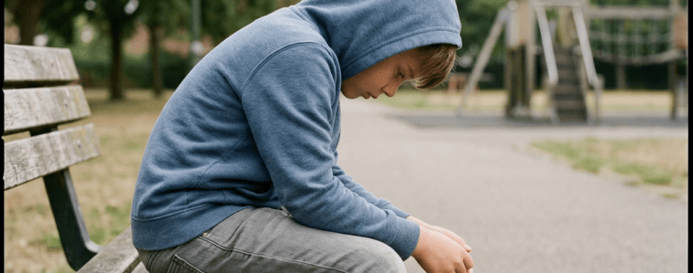 Young boy in blue hoodie sitting on park bench beside backpack