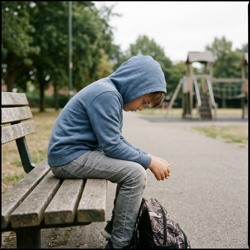 Young boy in blue hoodie sitting on park bench beside backpack