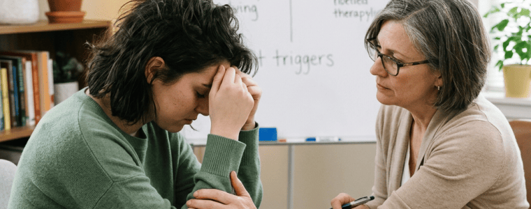 Therapist comforting a distressed client during a stress-management session