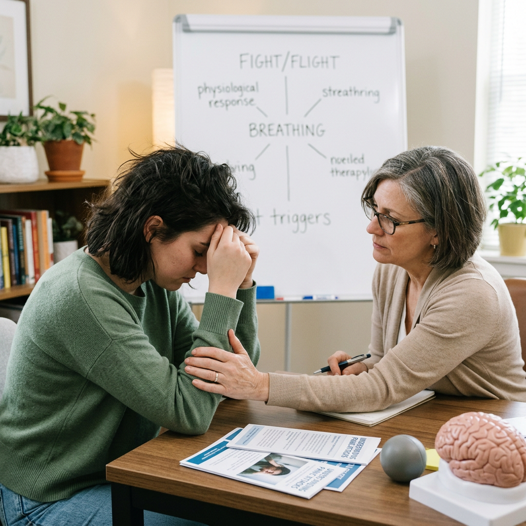 Therapist comforting a distressed client during a stress-management session