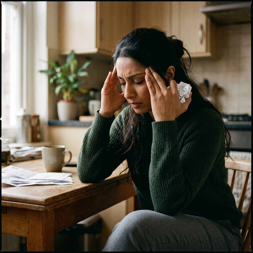 Woman holding tissues and pressing her temples at a kitchen table