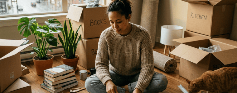 Woman assembling furniture among labeled moving boxes with a cat nearby