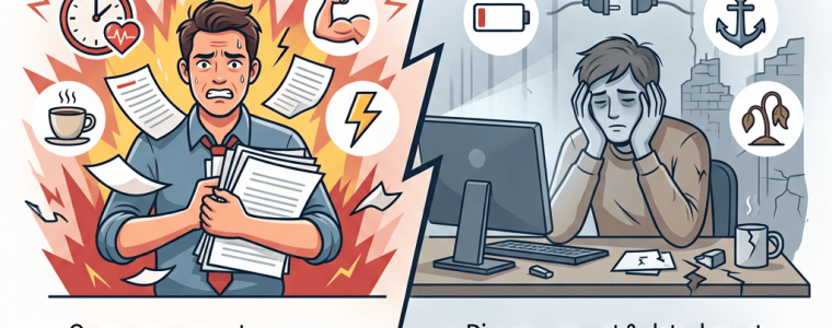 Infographic titled STRESS vs. BURNOUT. Stress: Hyper-Activation; over-engagement, hyper-reactive emotions, sense of urgency, anxiety and tension, physical fatigue but able to cope; main damage primarily leads to physical wear, such as headaches and high blood pressure. Burnout: Depletion & Disengagement; disengagement and detachment, blunted or numb emotions, sense of helplessness and futility, deep cynicism and detachment, mental and emotional exhaustion; main damage primarily leads to emotional and motivation loss.