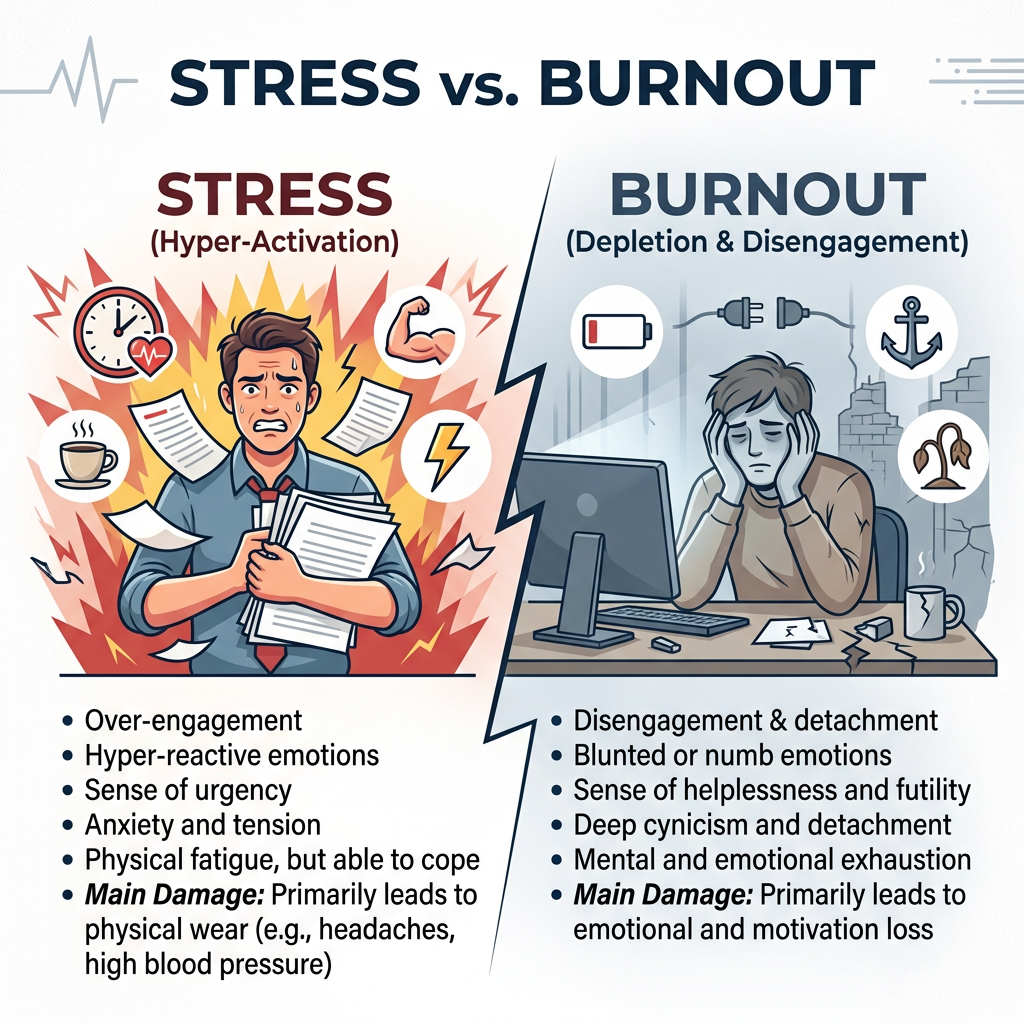 Infographic titled STRESS vs. BURNOUT. Stress: Hyper-Activation; over-engagement, hyper-reactive emotions, sense of urgency, anxiety and tension, physical fatigue but able to cope; main damage primarily leads to physical wear, such as headaches and high blood pressure. Burnout: Depletion & Disengagement; disengagement and detachment, blunted or numb emotions, sense of helplessness and futility, deep cynicism and detachment, mental and emotional exhaustion; main damage primarily leads to emotional and motivation loss.